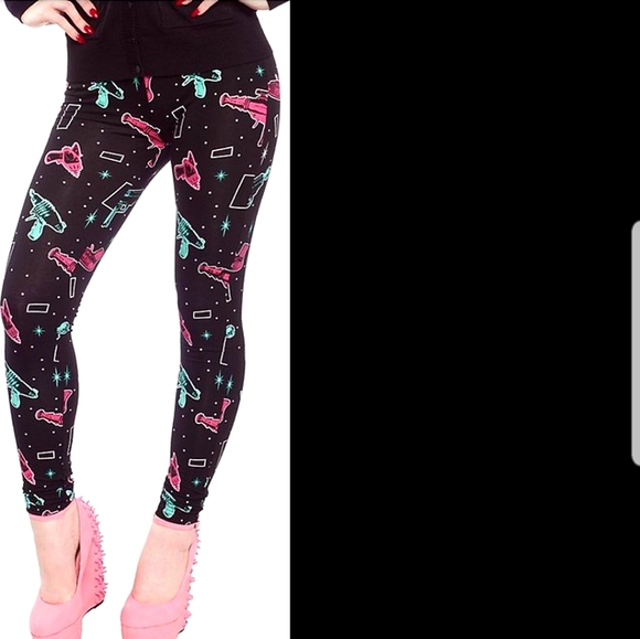 Sourpuss Retro Atomic Ray Gun Leggings Pink & Blue Rayguns Starbursts Pattern - Picture 2 of 4